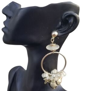 VINTAGE SILVERTONE OCEAN THEME CHARMED DROP STATEMENT EARRINGS